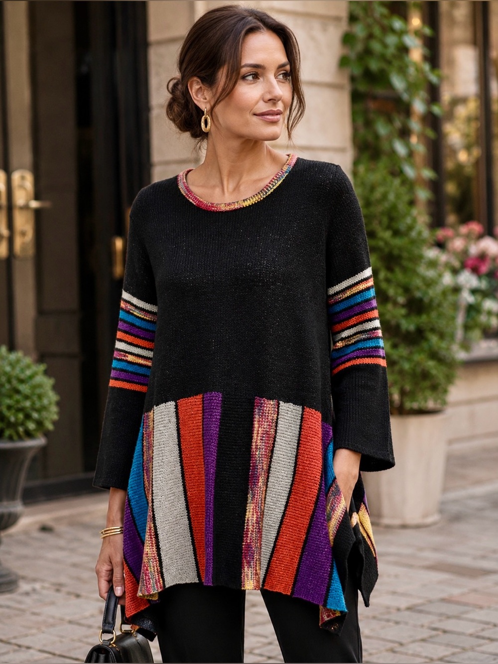 The Pyramid Collection Vibrant Striped Tunic Sweater with Asymmetrical Hem, XL